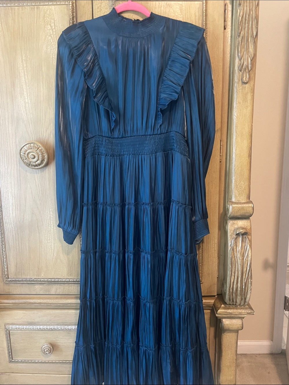 fab'rik Teal-Blue Ruffled Long-Sleeve Maxi Dress Large